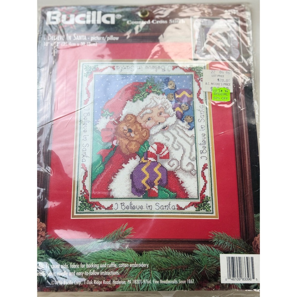 Vintage Bucilla I Believe in Santa Counted Cross Stitch Picture/Pillow Kit